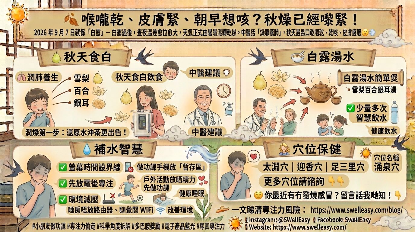 白露養生全攻略:秋燥漸盛、肺先受傷?中醫教你潤肺補水安然過秋(2026 節氣指南)